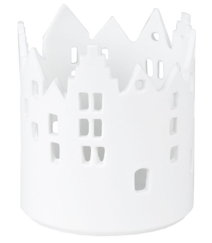 Weißes Stadtlicht Teelicht mit Rathausplatz-Motiv, dekoratives Wohnaccessoire für stimmungsvolle Beleuchtung.